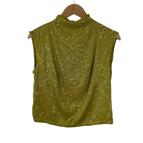 Anthropologie Top Women M Chartreuse Sequin Mock Neck Blouse Party Shell Tank - Picture 1 of 8